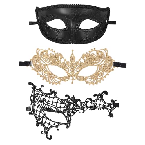 Oidea Maskerade Maske für Paare: 3 Pack Gold Schwarz Spitze Maskerade Maske Paare Set Kostüm Ball Ball Cosplay Party Venezianische Karneval Maske von OIDEA