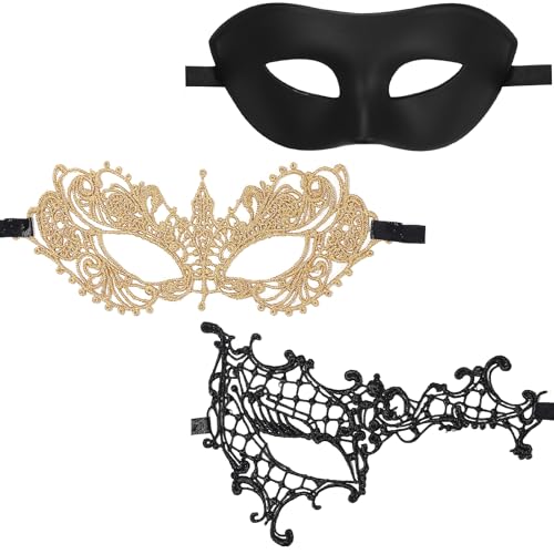 Oidea Maskerade Maske für Paare:3 Pack Gold Schwarz Spitze Venezianische Karneval Maske Kostüm Ball Ball Cosplay Party Maske für Frauen und Männer von OIDEA