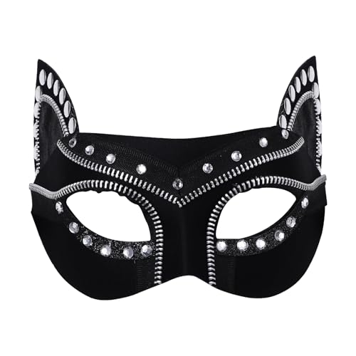 Oidea 【Steampunk Katzenmaske für Frauen】Hip-Hop Punk Schwarz Strass Katzenaugenmaske Halbgesicht Tier Maskerade Ball Maske Halloween Cosplay Kostüm Abschlussball Party Masken von OIDEA