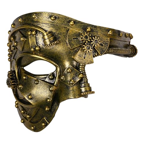 Oidea Steampunk Maskerade Maske für Herren: Vintage Mechanische Cyborg Phantom der Oper Maske Halloween Kostüm Abschlussball Karneval Party Venezianische Karneval Maske Antik Gold von OIDEA