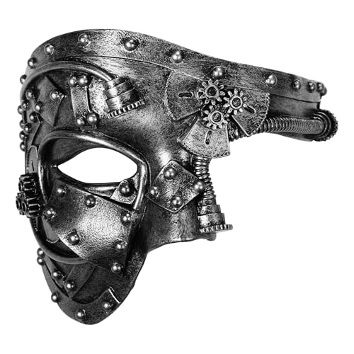 Oidea Steampunk Maskerade Maske für Herren: Vintage Mechanische Cyborg Phantom der Oper Maske Halloween Kostüm Abschlussball Karneval Party Venezianische Karneval Maske Silber von OIDEA