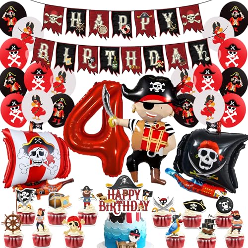 4 Jahre Piraten Geburtstag Deko Set - 5 Stück Kinder Happy Birthday Buchstabe Banner 4 Jahr Zahlen Piratenschif Folienballons Tortendeko Set Für 4 Jährige Junge Mädchen Geburtstag Halloween Party von OIODDYY