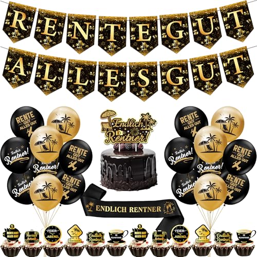 Rente Ruhestand Deko Party Luftballons - 33 Pcs Gold Rente Banner SchäRpe Kuchendeko Geburtstag For Renteneintritt Frau Geschenk MäNner Pension KostüM Abschiedsfeier von OIODDYY