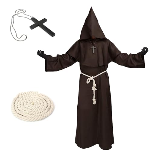 OIOYLEY Mönch Robe Kostüm, Mönch Priester Gewand Kostüm mit Kapuze, Mittelalterliche Kapuze Herren Mönchskutte, Halloween Kostüm Herren, Renaissance Priester Robe Halloween Cosplay (Braun, L) von OIOYLEY