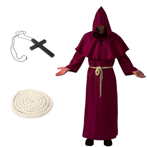 OIOYLEY Mönch Robe Kostüm, Mönch Priester Gewand Kostüm mit Kapuze, Mittelalterliche Kapuze Herren Mönchskutte, Halloween Kostüm Herren, Renaissance Priester Robe Halloween Cosplay (Rot, L) von OIOYLEY