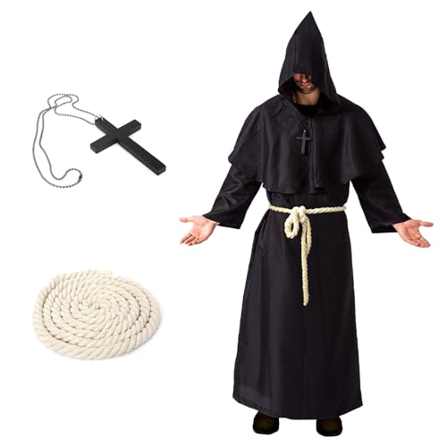 OIOYLEY Mönch Robe Kostüm Mit Kapuze, Mittelalterliche Herren Mönchskutte, Halloween Priester Gewand, Renaissance Cosplay (Schwarz, XL) von OIOYLEY