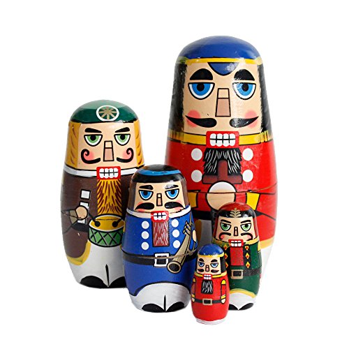 OJIN 5 stücke Christmas Matryoshka Nette Weihnachten Handgemachte Russische Verschachtelung Puppe Spielsets Authentische Holz Stapeln Puppen Sammlung Dekoration (Walnut Soldier) von OJIN