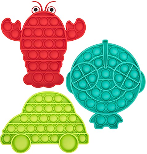 OKCS 3er Set - Fidget Toy Pop It - Push It - geprüft & kinderfreundlich - für Kinder & Erwachsene - zur Ablenkung bei Stress & Nervosität Push Bubble - Auto, Fisch und Krabbe von OKCS