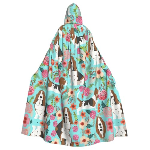 OKFSTY Sweet Basset Hound Florals Unisex-Erwachsenen-Umhang mit Kapuze, volle Länge, Halloween, Weihnachten, Kostüm, Party-Umhang von OKFSTY