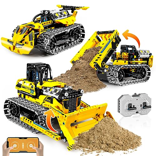 OKKIDY 3-in-1 Technik Bulldozer, RC Muldenkipper & Baustellenauto - 452 Teile Bauspielzeug für Kinder 6-12+ Jahre Inkl. 2.4 GHz Fernsteuerung Jungen & Mädchen von OKKIDY