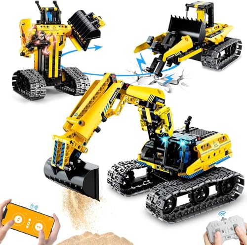 OKKIDY 3 in 1 RC Bagger Roboter Konstruktionsspielzeug Auto, 430 Stück Technik Fernsteuerung Gebäude Spielzeug für Kinder, STEM Baukästen Spielzeug Geschenke für 6 7 8 9 10 11 12+ Jahr Jungen Mädchen von OKKIDY