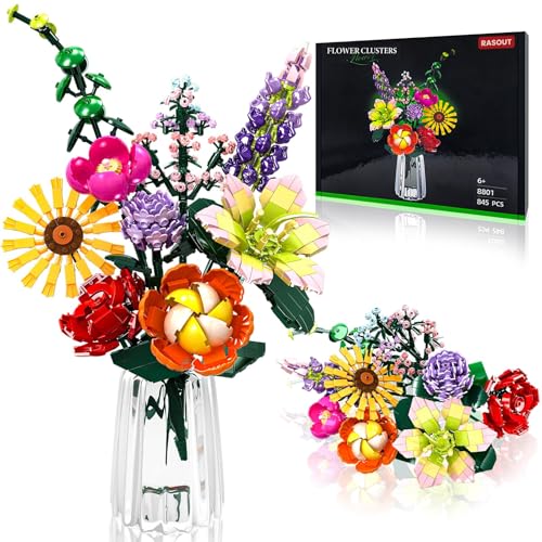 OKKIDY 861PCS Unique DIY Flower Bouquet Building Set, Blumenstrauß-Bausatz, DIY-Pflanzenstrauß für Büro und Haus, Geburtstag Oder Muttertag, für Jungen und Mädchen 6+, no Vase von OKKIDY