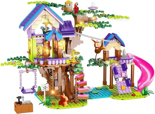 OKKIDY Tree House Building Spielzeug für Kinder, Mädchen Freundschaft Bauklötze mit mit LED-Licht, kreative Waldhaus Alter 6 7 8 9 10 11 12+ Geburtstag Geschenk Mädchen Jungen von OKKIDY