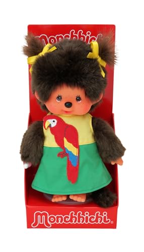 Sekiguchi 220496 - Original Monchhichi Mädchen mit Papageien-Kleid, ca. 20 cm großes Kuscheltier aus braunem Plüsch von OKU Monchhichi