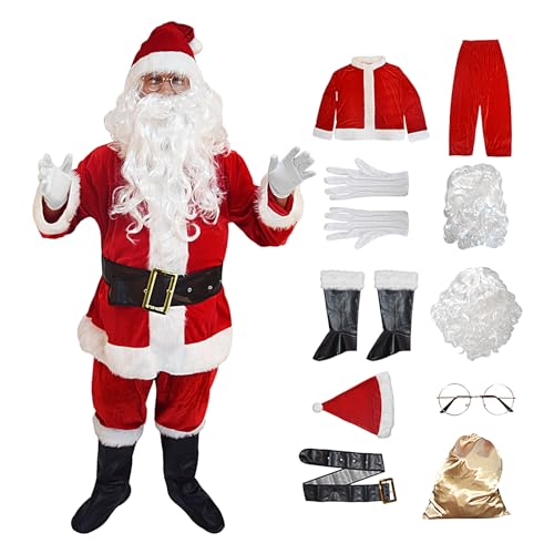 OLCANA Weihnachtsmann-Kostü für Männer, 10-teiliges Set, Weihnachtszubehör, atmungsaktives Weihnachtsmann-Outfit, bequemer Weihnachtsmann-Anzug, Samt-Weihnachtskostü -Outfit, realistisches Design von OLCANA
