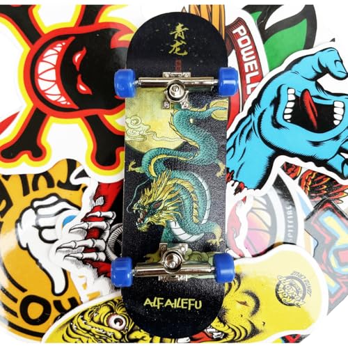 OLLIE TRICK Finger Skateboard aus Holz, professionelles Fingerboard mit Zubehör in Geschenkbox und 20 Stickern (Drachen-Mond) von OLLIE TRICK