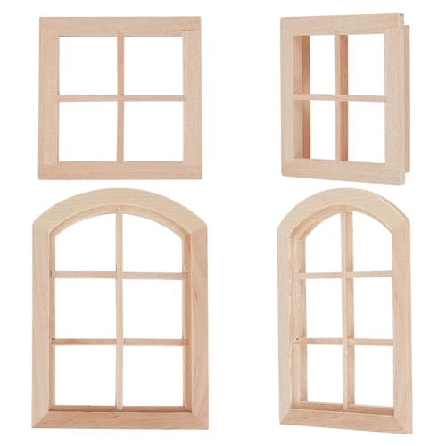 OLYCRAFT 4 Stück Puppenhausfenster Im 2-Stil Maßstab 1/12 Mini-Holzfenster Miniatur-Rundkopf 6-Scheiben/4-Scheiben-Fensterrahmen Für Puppenhaus-Fotografie-Requisitenzubehör von OLYCRAFT