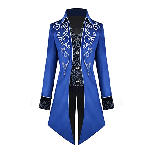 OMEWEE Mittelalter Jacke, Herren Steampunk Frack Mantel Vintage Mantel Gehrock Jacke Viktorianischen Karneval Kostüm Cosplay Halloween Fashing Smoking Kostüm 01Blau 2XL von OMEWEE