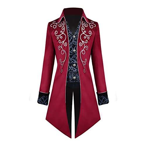 OMEWEE Mittelalter Jacke, Herren Steampunk Frack Mantel Vintage Mantel Gehrock Jacke Viktorianischen Karneval Kostüm Cosplay Halloween Fashing Smoking Kostüm 01Rot 2XL von OMEWEE