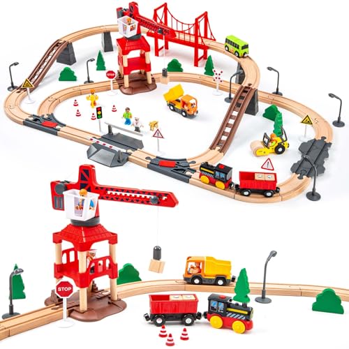 86PCS Holzeisenbahn Set mit Kran, Eisenbahn Holz mit Kran Spielzeug, Holz Eisenbahn Kinder, Passend für Brio Eisenbahn, Thomas, IKEA, Melissa und Doug, Hape Duplo Eisenbahn für Jungen und Mädchen 86PCS Holzeisenbahn Set mit Kran, Eisenbahn Holz mit Kran Spielzeug, Holz Eisenbahn Kinder, Passend für Brio Eisenbahn, Thomas, IKEA, Melissa und Doug, Hape Duplo Eisenbahn für Jungen und Mädchen von OMYbaby