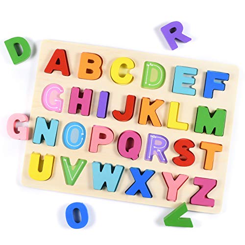 OMZGXGOD Holz Alphabet Puzzle ABC, 26 Großbuchstaben,Spielbrett mit großen Buchstaben und englischen Vokabeln - Holzpuzzle - Lernspielzeug für Kleinkinder ,Spielzeug für Kleinkinder von OMZGXGOD