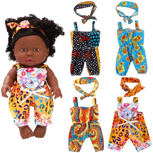 ONEST 5-teiliges 25,4 cm großes amerikanisches afrikanisches Babypuppen-Set beinhaltet 1 Set 25,4 cm Babypuppe und 4 Stück handgefertigte Puppenkleidung, realistische schwarze Babypuppe von ONEST