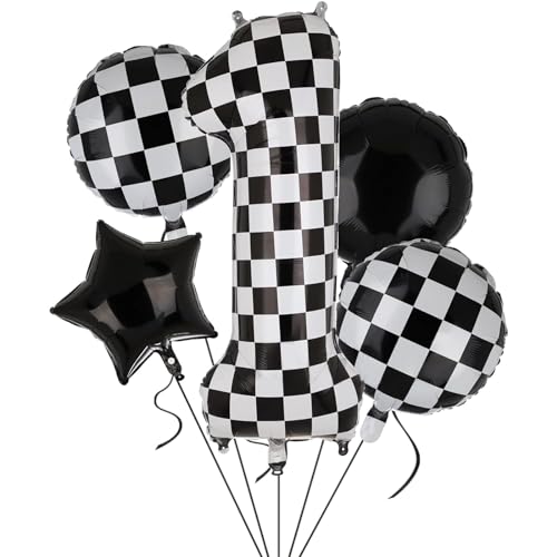 Luftballons Schwarz Weiß Karierte, Folienballon Geburtstag 5 Stück Racing Balloons Black and White Party Deko für 1/2/3 Jahre Kinder Rennsport Thema Party Supplies von ONRAGT