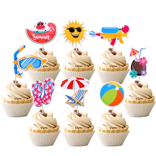 Sommer Cupcake Deko Tortendeko, 24 Stück Pool Strand Cake Topper Kuchen Deko Torten Topper, Muffins Deko Kuchendeko Geburtstag für Sommer-Surf Thema Partyzubehör von ONRAGT