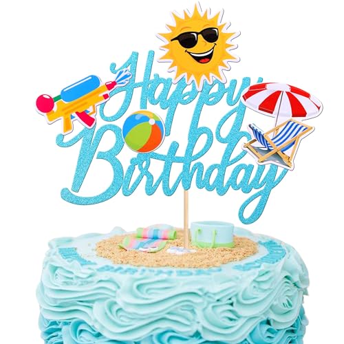 Sommer Happy Birthday Tortendeko, Pool Strand Cake Topper Glänzend Kuchen Deko Torten Topper Kuchendeko Geburtstag für Sommer-Surf Thema Partyzubehör (C) von ONRAGT