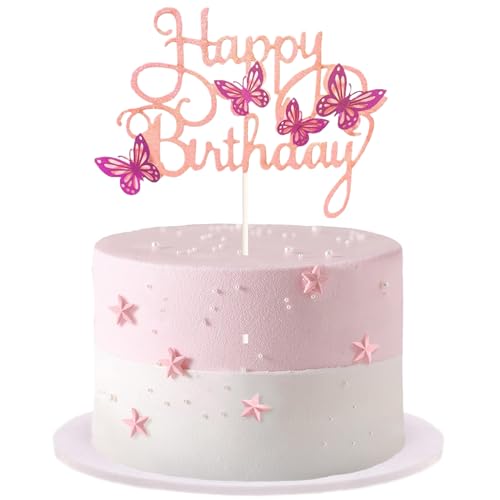 Tortendeko Schmetterling, 3D Schmetterlinge Deko Torte Happy Birthday Kuchen Deko Schmetterlinge Glänzend Kuchendeko Geburtstag Mädchen für Geburtstagsfeiern Mottopartys (Rosa Lila) von ONRAGT