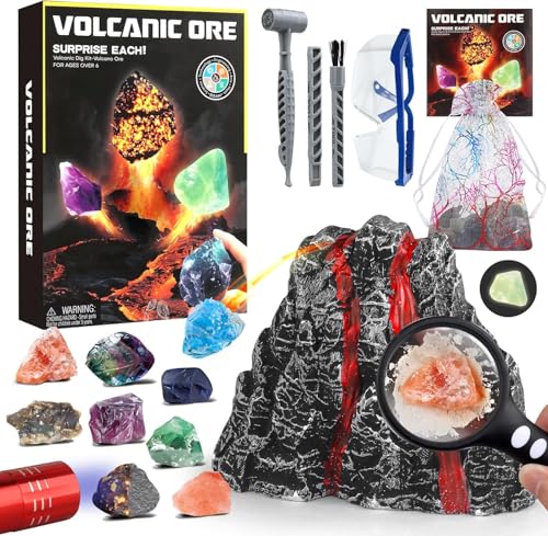 Gemstone Dig Kit - Volcano Science Kit Boys Toys 6-8 Years Old, Fossil Dig Kit with Ten Kids Rocks for 6 7 8 Year Old Boy Birthday Gift, Fossil Collection Geology Gifts for Boys Girl age 6-8 (Schwarz) von ONXE