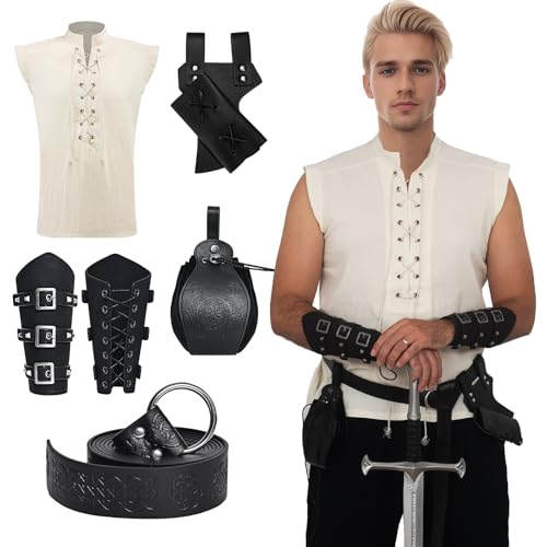 5 Stück Mittelalter Kleidung Herren Set, ärmellose Hemden zum Schnüren, Piraten-T-Shirt, viktorianisches Tanktop, Halloween Wikinger-Kostüm, Wikinger-Beutel, Armbinde und Gürtelzube (Weiße, 2XL) von OPAEHJF