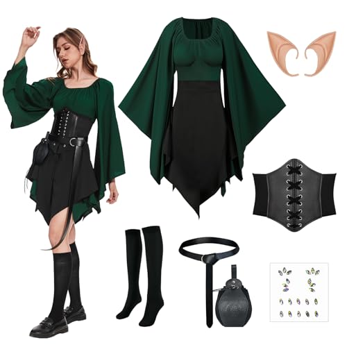 OPAEHJF 8 Stück Damen Mittelalter Kleid Traditionelles Irisches Kleid Renaissance Elfen Kostüm mit Elfenohren, Halloween Viktorianisches Cosplay Kleid. (L) von OPAEHJF