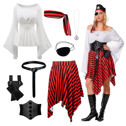 OPAEHJF 8 Stück Piraten Kostüm Damen Halloween Strampler Kleid Shirt Bandana Korsett Taillengürtel Augenklappe Renaissance Korsett Kleid Passend Piraten Cosplay Outfit von OPAEHJF