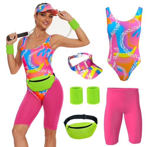 OPAEHJF 80er Jahre Outfit Damen Set,80er Jahre Workout Kostüme für Damen,mit Bauchtasche, Sonnenblenden Hut, Handgelenkbänder, für Halloween Karneval Cosplay Kleidung (L) von OPAEHJF