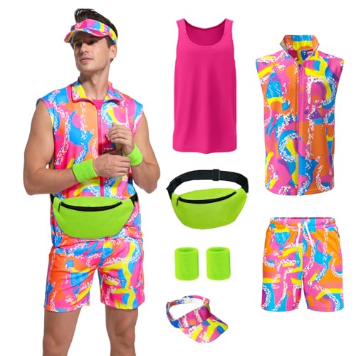 OPAEHJF 80er Jahre Workout Kostüme für Herren, 80er Jahre Outfit Herren Set,mit Bauchtasche, Sonnenblenden Hut, Handgelenkbänder, für Halloween Karneval Cosplay kleidung (3XL) von OPAEHJF