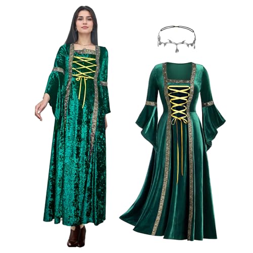 OPAEHJF Damen Retro Renaissance Königin Samtkleider, Mittelalterliches Kleid Halloween Vintage Viktorianisch Gothic Jahrmarkt Kostüme mit Trompetenärmeln Cosplay Party (Grün, 3XL) von OPAEHJF