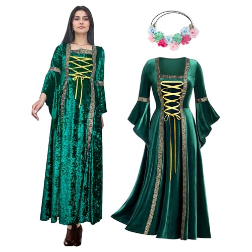 OPAEHJF Damen Retro Renaissance Königin Samtkleider, Mittelalterliches Kleid Halloween Vintage Viktorianisch Gothic Jahrmarkt Kostüme mit Trompetenärmeln Cosplay Party (Grün, L) von OPAEHJF