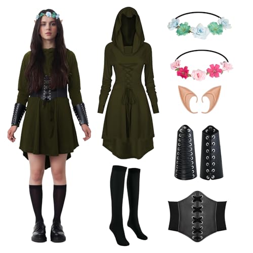 OPAEHJF Gothic Mittelalter Kleidung Damen Renaissance Kostüm Robe Kapuzenkleid Halloween Kostüm Elfen Cosplay mit Elfenohren Korsett Overknee Socken Armschützer (Grün, L) von OPAEHJF