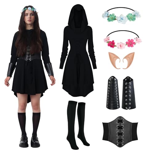 OPAEHJF Gothic Mittelalter Kleidung Damen Renaissance Kostüm Robe Kapuzenkleid Halloween Kostüm Elfen Cosplay mit Elfenohren Korsett Overknee Socken Armschützer (Schwarz, XXXXL) von OPAEHJF