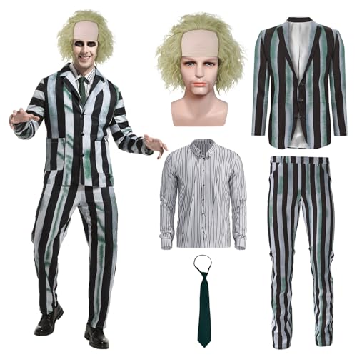 OPAEHJF Halloween Horror Kostüm für Herren,Schwarz-weiß Gestreifter Anzug mit Perücke Halloween Cosplay Party Kostüm Horror Film Charakter (3XL) von OPAEHJF