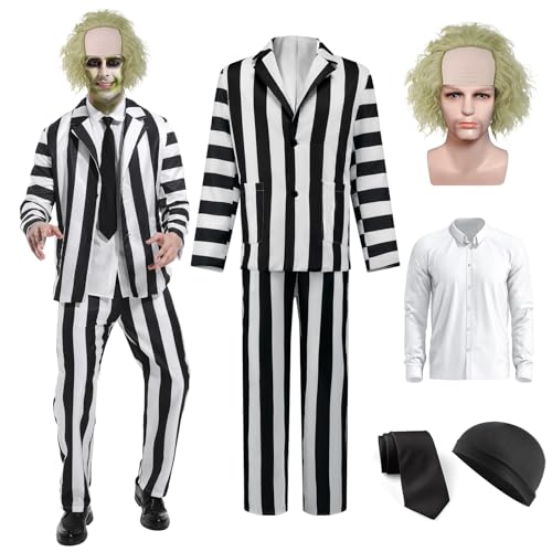 OPAEHJF Horror Kostüm für Herren Halloween Party Outfit,Schwarz-weiß Gestreifter Anzug mit Perücke (L) von OPAEHJF