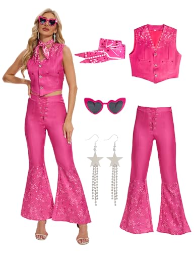 OPAEHJF Rose Kostüm Erwachsene Damen,70er 80er Jahre Hippie Disco Halloween Kostüm Rosa Flare Hose Film Western Cosplay (S) von OPAEHJF