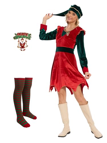 OPAEHJF Weihnachtselfen-Kostüm für Damen, 4-teiliges Damen-Weihnachtselfen-Kostüm-Set, Urlaub, Weihnachten, ausgefallenes Outfit für Party, Größe L von OPAEHJF