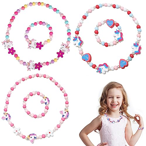 OPAHUTER 6 Stück Kinder Einhorn Schmuck Set, Halskette und Armband Schmuck für Mädchen, Holz Perlen Einhorn Halskette Armband, Toller Kostümschmuck für Kinder Party Dress up Kostüm Zubehör von OPAHUTER