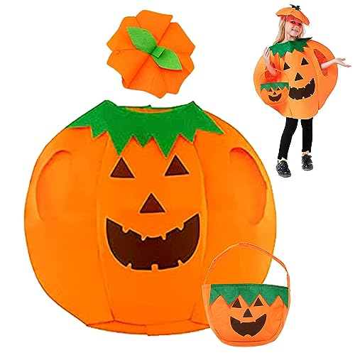 OPAHUTER Halloween Kürbis Kostüm Set für Kinder, Unisex Kinder Kostüm Kürbis mit Kürbishut & Tasche, 3 Stück Kürbis Karneval Kostüm für Mädchen Jungen, Kostüm Kürbis für Pumpkin Halloween Cosplay von OPAHUTER