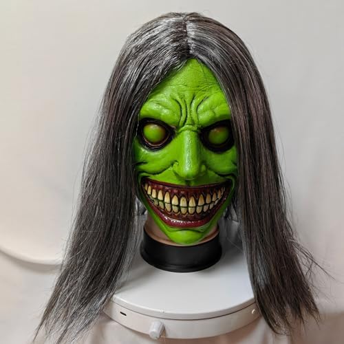 OPAHUTER Halloween Mask, Realistic Scary Halloween, Horror Latex Mask, Halloween Gruselige Hexenmaske mit Haaren, Smiling Demons Mask, Old Women Mask for Adults Kostüm Halloween Party von OPAHUTER