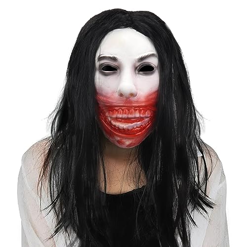 OPAHUTER Halloween Maske mit Haaren für Erwachsene, Lächelnder Dämon Latex Vollkopfmaske, Gruselige Maske, Realistische Blut Unheimliche Maske für Karneval oder Halloween Kostüm Party von OPAHUTER