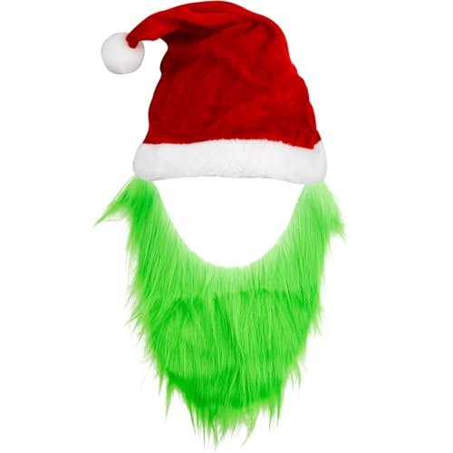 Grün Bart Nikolausmütze, Weihnachten Grün Monster Maske, Weihnachtsmütze und Bart, Weihnachtsmann Kostüm Zubehör, Weihnachten, Karneval, Halloween Cosplay Kostüm Zubehör von OPEIXSAYKOC