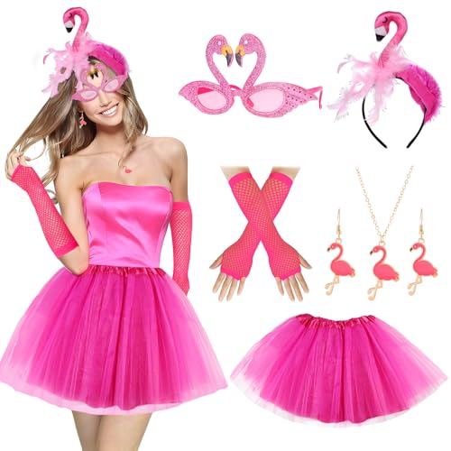 Damen Flamingo Kostüm, Flamingo Haarreif, Rosa Tüllrock Tutu Rock, Flamingo Hut Hawaii Haarschmuck, Flamingo Brille Handschuhe, Flamingo Ohrringe für Fasching Karneval Mottoparty Kostüm Accessoires von OPEIXSAYKOC